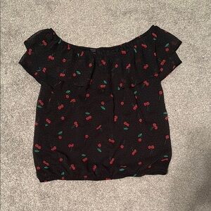 Charming Cherry Print Black Blouse